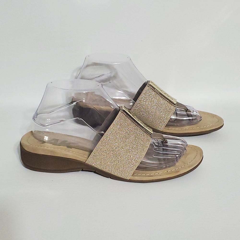 Anne Klein Sport Gold Slide Sandals Elastic Stretch Bands Women's Size 8 - Picture 3 of 10